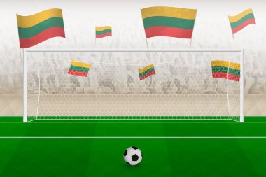 Litvanya futbol takımı taraftarları Litvanya bayraklarıyla stadyumda tezahürat yapıyor, futbol maçında penaltı konsepti.