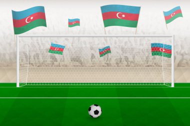 Azerbaycan futbol takımının taraftarları stadyumda bayrak sallıyor, futbol maçında penaltı vuruşu kavramı.