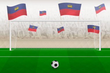 Liechtenstein futbol takımının taraftarları stadyumda bayrak sallıyor, futbol maçında penaltı vuruşu konsepti.