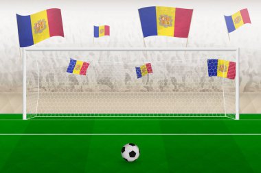 Andorra futbol takımı taraftarları Andorra 'nın bayraklarıyla stadyumda tezahürat yapıyor, futbol maçında penaltı vuruşu kavramı.
