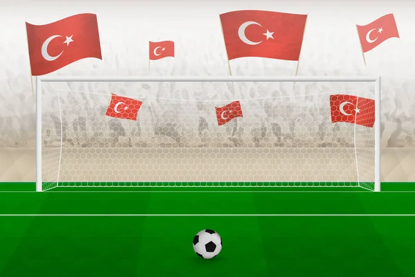 スタジアムで応援トルコの旗を持つトルコのサッカーチームのファン サッカー試合でのペナルティキックの概念 — ストックベクタ