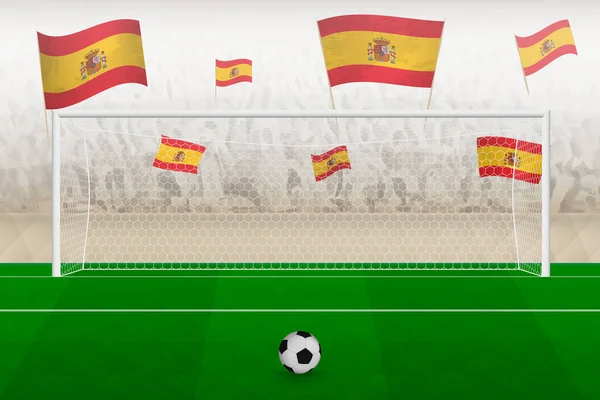スタジアムでスペインの応援の旗を持つスペインのサッカーチームのファン サッカー試合でのペナルティキックの概念 — ストックベクタ
