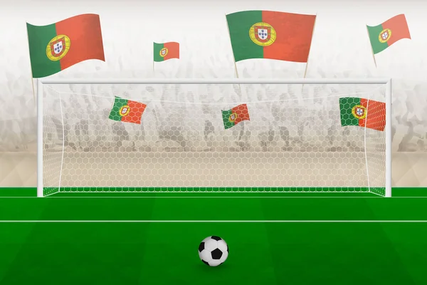 葡萄牙足球队球迷举着葡萄牙国旗在体育场欢呼 足球比赛中点球的概念 — 图库矢量图片