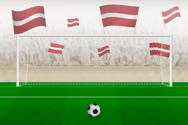 ラトビアのサッカーチームのファンは スタジアムで応援ラトビアのフラグ サッカー試合でのペナルティキックの概念 — ストックベクタ