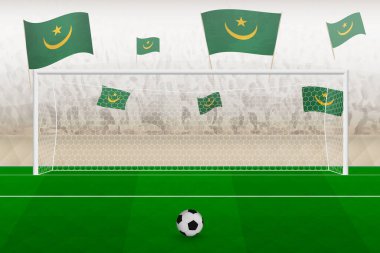Moritanya futbol takımının taraftarları Moritanya bayraklarıyla stadyumda tezahürat yapıyor, futbol maçında penaltı konsepti..