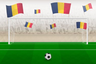 Chad futbol takımı taraftarları stadyumda bayrak sallıyor, futbol maçında penaltı vuruşu konsepti.