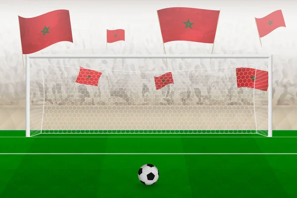モロッコのサッカーチームのファンは スタジアムで応援モロッコのフラグ サッカー試合でのペナルティキックの概念 — ストックベクタ