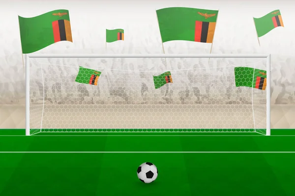 在一场足球比赛中 举着赞比亚国旗的赞比亚足球队球迷在体育场欢呼 点球大战的理念 — 图库矢量图片