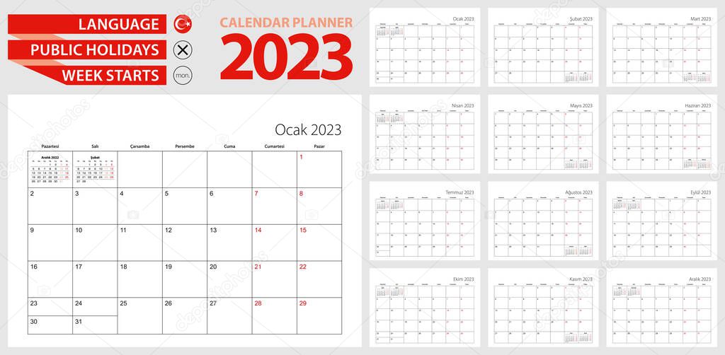 2023 Türk Takvim Planlayıcısı Türkçe Hafta Pazartesi Başlıyor Stok Vektörü  © boldg 632308612