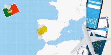 Portekiz konseptine git, haritada Portekiz 'in broşu olsun. Tatil hazırlama haritası, bayrak, pasaport ve biletler.