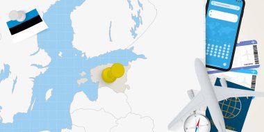 Estonya 'ya seyahat, Estonya haritasında broşla harita. Tatil hazırlama haritası, bayrak, pasaport ve biletler.