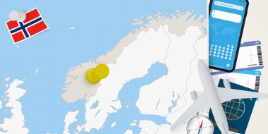 Norveç konseptine yolculuk, Norveç haritasında broşla harita. Tatil hazırlama haritası, bayrak, pasaport ve biletler.