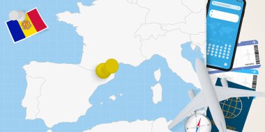 Andorra konseptine git, haritada Andorra 'nın iğnesi olan bir harita. Tatil hazırlama haritası, bayrak, pasaport ve biletler.