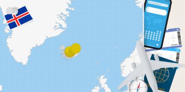 İzlanda konseptine git, haritada İzlanda haritasını çıkar. Tatil hazırlama haritası, bayrak, pasaport ve biletler.