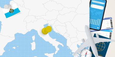San Marino konseptine seyahat, San Marino haritasında broşla harita. Tatil hazırlama haritası, bayrak, pasaport ve biletler.