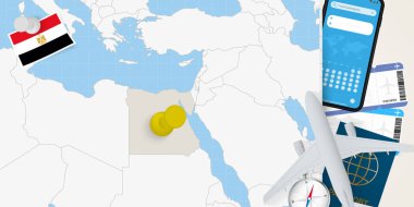 Mısır 'a seyahat, Mısır haritasında broşla harita. Tatil hazırlama haritası, bayrak, pasaport ve biletler.
