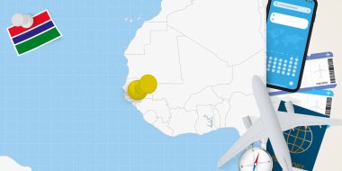 Gambiya 'ya seyahat, Gambiya haritasında broşla harita. Tatil hazırlama haritası, bayrak, pasaport ve biletler.