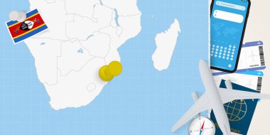 Svaziland konseptine git, haritada Svaziland 'ın broşu olsun. Tatil hazırlama haritası, bayrak, pasaport ve biletler.