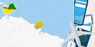 Fransız Guyanası konseptine seyahat, Fransız Guyanası haritasında broşlu harita. Tatil hazırlama haritası, bayrak, pasaport ve biletler.