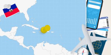 Haiti konseptine seyahat, Haiti haritasında broşla harita. Tatil hazırlama haritası, bayrak, pasaport ve biletler.