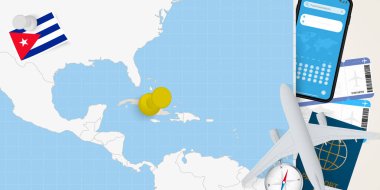 Küba konseptine yolculuk, Küba haritasında broşla harita. Tatil hazırlama haritası, bayrak, pasaport ve biletler.