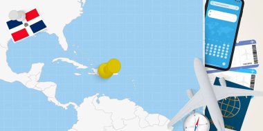 Dominik Cumhuriyeti konseptine seyahat, Dominik Cumhuriyeti haritasında broşla harita. Tatil hazırlama haritası, bayrak, pasaport ve biletler.