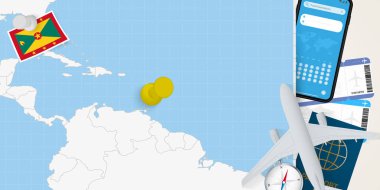 Grenada konseptine seyahat etmek, Grenada haritasında broşla harita çizmek. Tatil hazırlama haritası, bayrak, pasaport ve biletler.