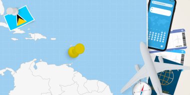 Saint Lucia konseptine seyahat, Saint Lucia haritasında broşlu harita. Tatil hazırlama haritası, bayrak, pasaport ve biletler.