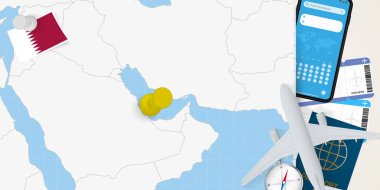 Katar konseptine git, haritada Katar 'ın rozetini göster. Tatil hazırlama haritası, bayrak, pasaport ve biletler.