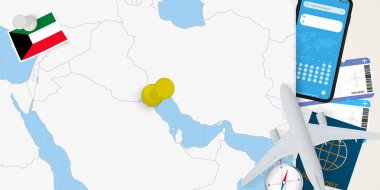 Kuveyt 'e seyahat, Kuveyt haritasında broşla harita. Tatil hazırlama haritası, bayrak, pasaport ve biletler.