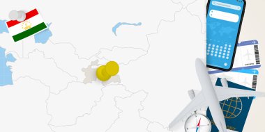 Tacikistan konseptine seyahat, Tacikistan haritasında broşla harita. Tatil hazırlama haritası, bayrak, pasaport ve biletler.