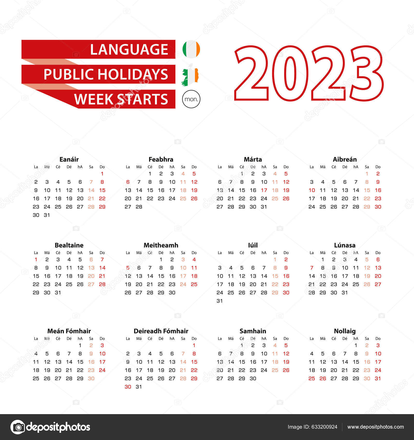 Calendar 2023 Irish Language Public Holidays Country Ireland Year 2023 Stock Vector Image by