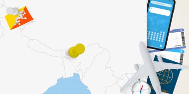 Butan konseptine git, haritada Bhutan 'ın rozeti olan bir harita. Tatil hazırlama haritası, bayrak, pasaport ve biletler.