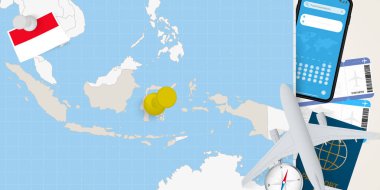 Endonezya 'ya seyahat, Endonezya haritasında broşla harita. Tatil hazırlama haritası, bayrak, pasaport ve biletler.