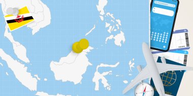Brunei konseptine seyahat, Brunei haritasında broşla harita. Tatil hazırlama haritası, bayrak, pasaport ve biletler.