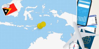 Doğu Timor konseptine git, haritada Doğu Timor 'un broşu olsun. Tatil hazırlama haritası, bayrak, pasaport ve biletler.