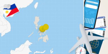 Filipinler 'e seyahat etmek, Filipinler haritasında broşla harita çizmek. Tatil hazırlama haritası, bayrak, pasaport ve biletler.