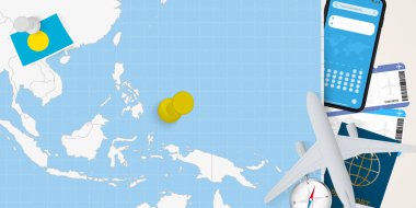 Palau konseptine git, Palau haritasında broşla haritaya bak. Tatil hazırlama haritası, bayrak, pasaport ve biletler.