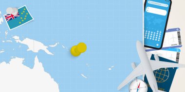 Solomon Adaları konseptine git, Solomon Adaları haritasında broşla haritayı çıkar. Tatil hazırlama haritası, bayrak, pasaport ve biletler.