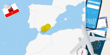 Cebelitarık konseptine seyahat, Cebelitarık haritasında broşla harita. Tatil hazırlama haritası, bayrak, pasaport ve biletler.