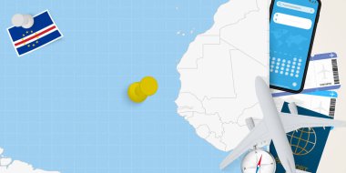 Cape Verde konseptine git, haritada Cape Verde haritası olan bir broş bul. Tatil hazırlama haritası, bayrak, pasaport ve biletler.