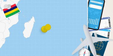 Mauritius konseptine git, Mauritius haritasında broşla haritayı çıkar. Tatil hazırlama haritası, bayrak, pasaport ve biletler.