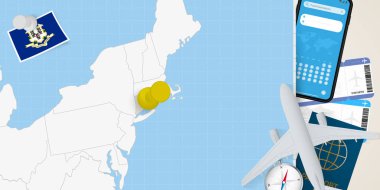 Connecticut konseptine seyahat, Connecticut haritasında broşla harita. Tatil hazırlama haritası, bayrak, pasaport ve biletler.