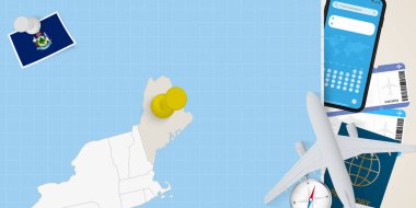 Maine konseptine seyahat, Maine haritasında broşla harita. Tatil hazırlama haritası, bayrak, pasaport ve biletler.