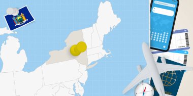 New York konseptine seyahat, New York haritasında broşla harita. Tatil hazırlama haritası, bayrak, pasaport ve biletler.