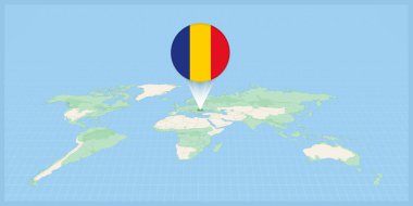 Location of Romania on the world map, marked with Romania flag pin.