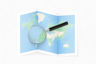 Enlarge Barbados with a magnifying glass on a folded map of the world.