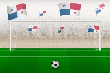 Panama futbol takımı taraftarları panama bayraklarıyla stadyumda tezahürat yapıyor, futbol maçında penaltı vuruşu kavramı.