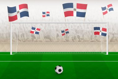 Dominik Cumhuriyeti futbol takımının taraftarları stadyumda bayrak sallıyor, futbol maçında penaltı vuruşu kavramı.