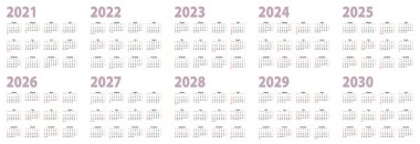 Calendar set in basic design for 2021, 2022, 2023, 2024, 2025, 2026, 2027, 2028, 2029, 2030 years. Vector Calendar collection for decade in English language, week starts on Sunday.
